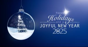Blue Christmas bauble with Christmas and New Year greetings Happy Holiday and a joyful new year 2025